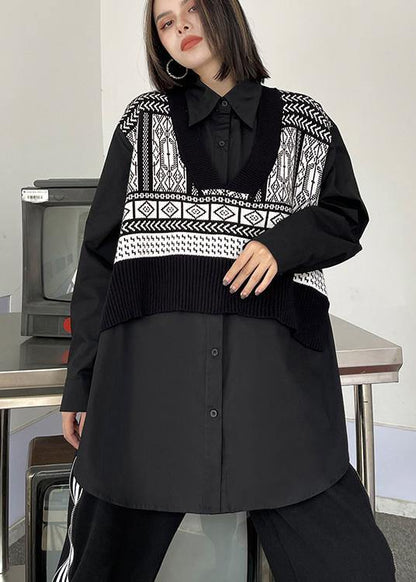 Art Black Clothes for Lapel False Two Pieces Loose Spring Blouse