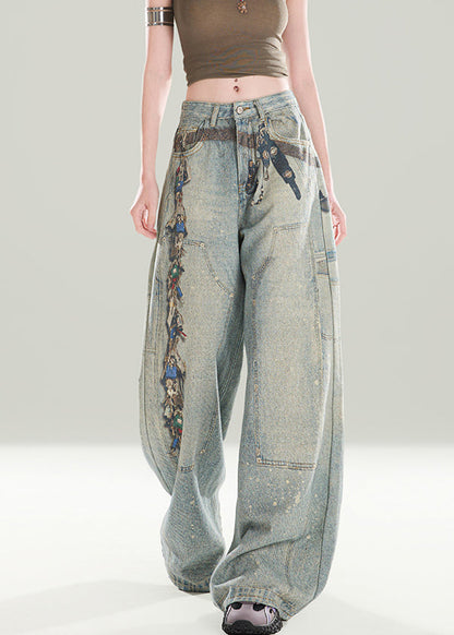 Stylish Blue Pockets Print Denim Wide Leg Pants Fall