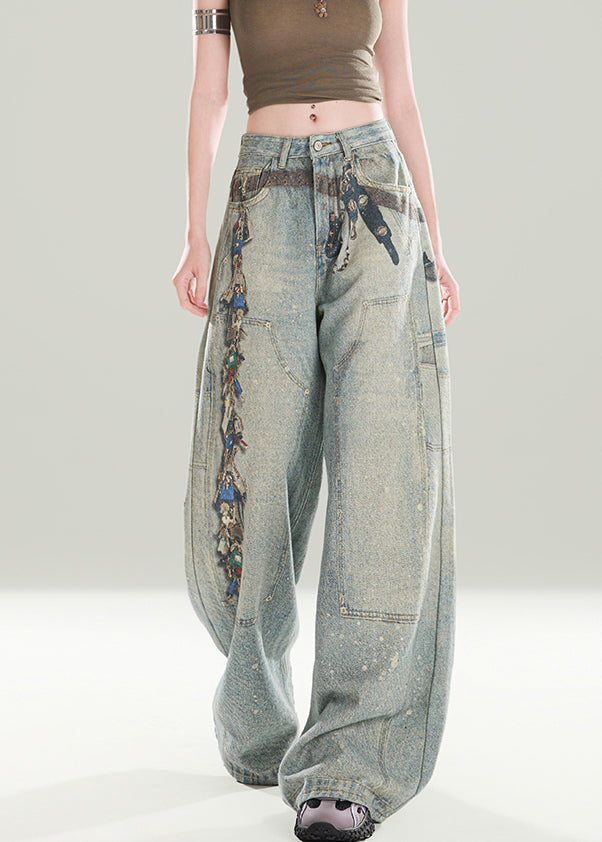 Stylish Blue Pockets Print Denim Wide Leg Pants Fall