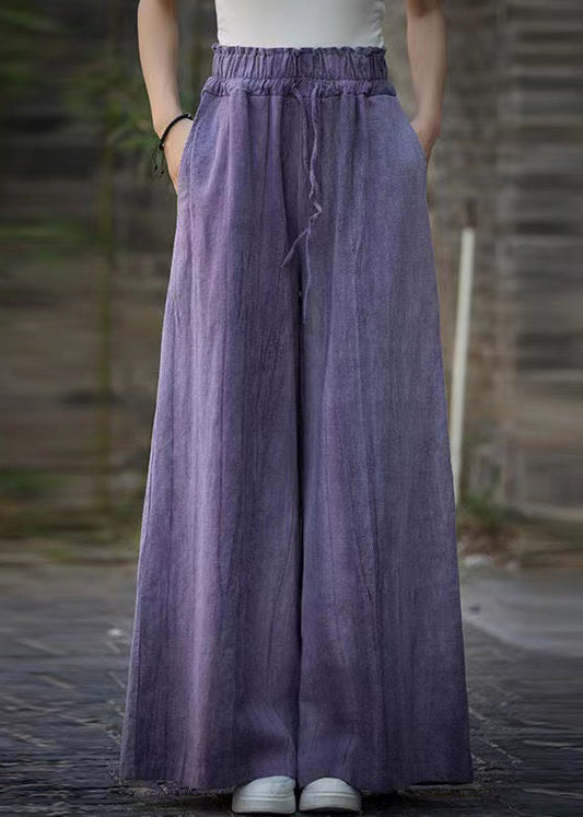 Purple Tie Dye Elastic Waist Linen Wide Leg Pants Summer