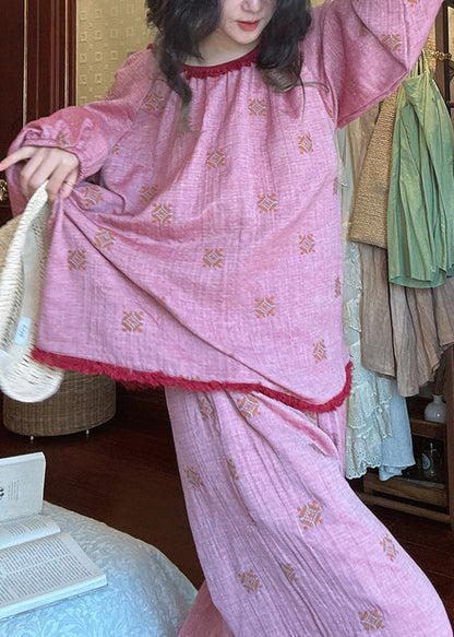 Loose Purple O Neck Print T Shirt and Pants Cotton Pajamas Two Piece Set Fall