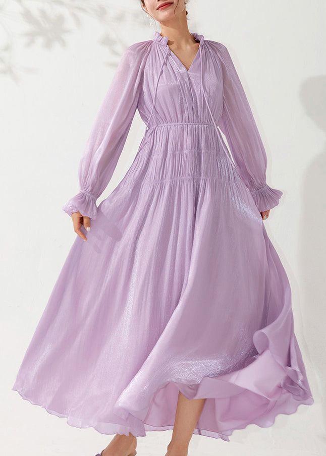 Light Purple Ruffled Lace Up Silk Long Dress Fall
