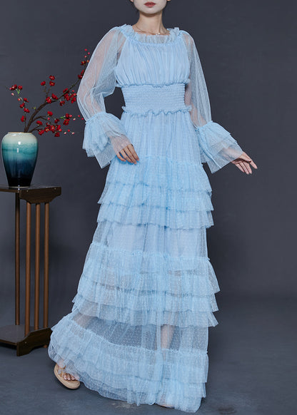 Blue Elastic Waist Patchwork Tulle Party Dress Fall