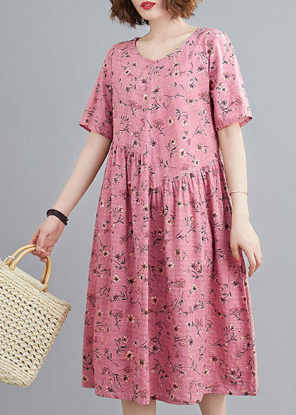 Red Print Linen Holiday Dresses Wrinkled O-neck Short Sleeve