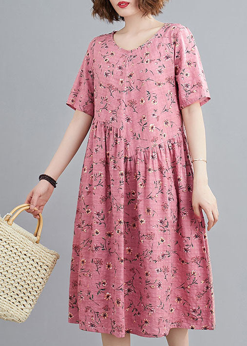 Red Print Linen Holiday Dresses Wrinkled O-neck Short Sleeve