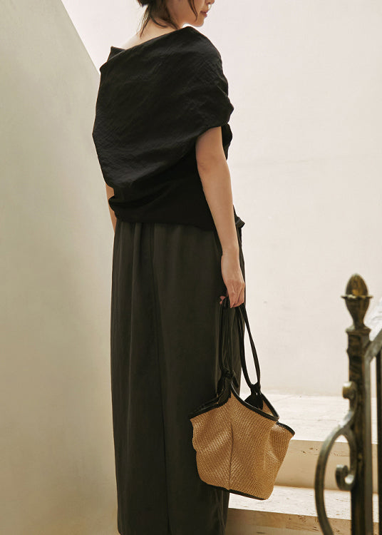 Black Slash Neck Wrinkled Cotton Shirt Summer