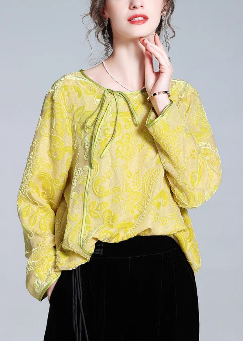 Yellow O-neck Lace Up Silk Velour Tops Fall