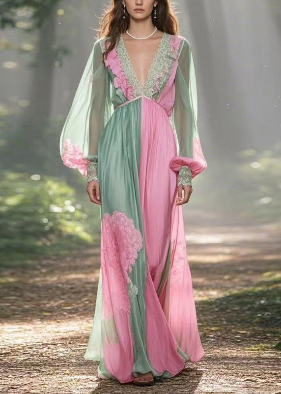 Colorblock V Neck Patchwork Chiffon Dress Lantern Sleeve