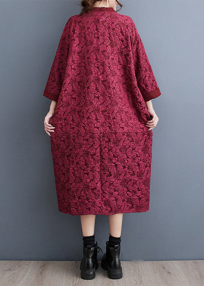 Red V Neck Jacquard Patchwork Cotton Dress Fall