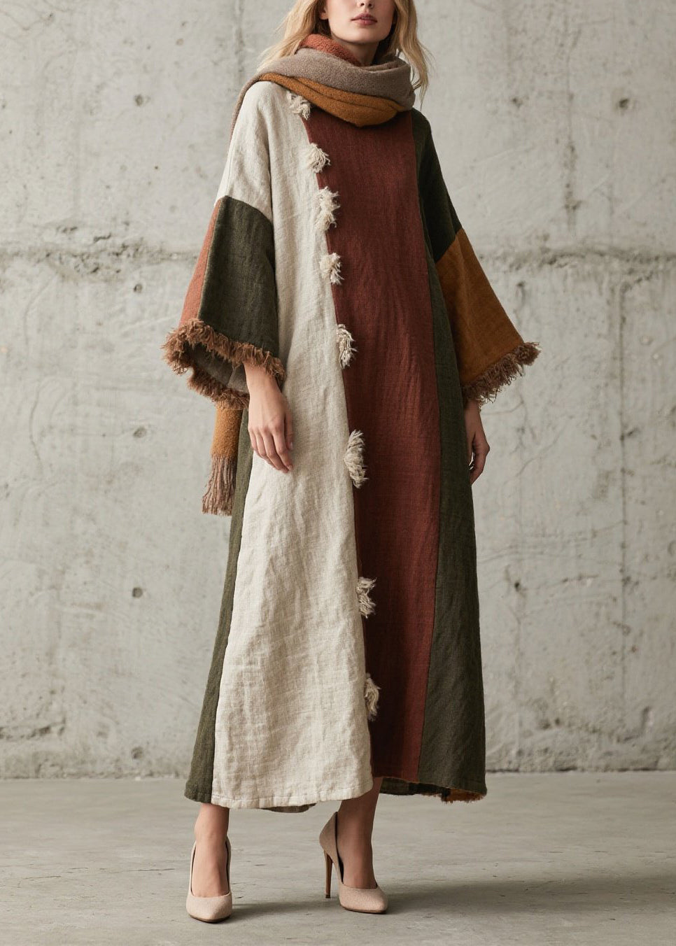 Colorblock Tassel Patchwork Cotton Long Dresses Fall