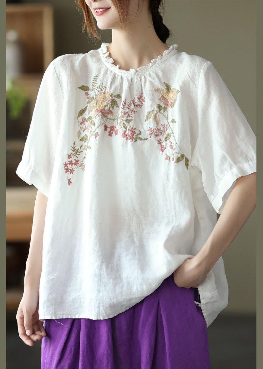 Navy Ruffled Embroideried Summer Linen Shirt