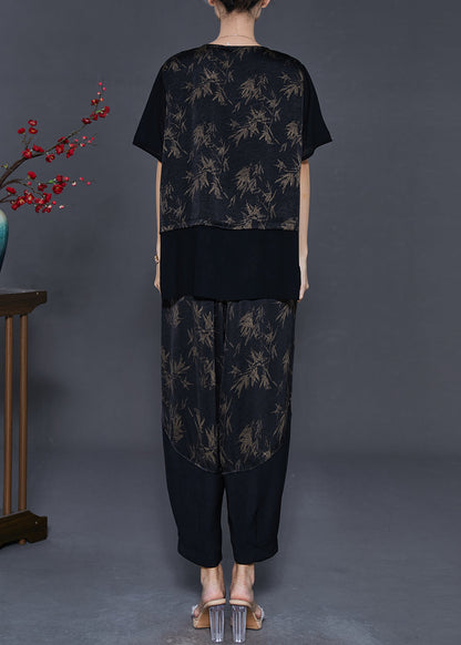 Black Patchwork Silk Two Piece Set Clothing Print Summer