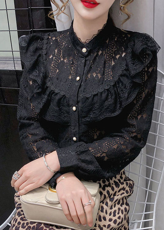 French Black Stand Collar Ruffled Lace Blouse Tops Long Sleeve