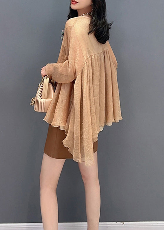 Loose Khaki O-neck Patchwork Tulle Tops Long Sleeve