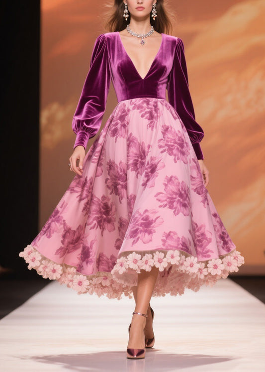 Boutique Purple Print Patchwork Silk Velvet Party Dress Spring