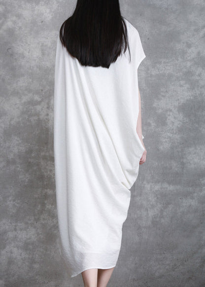 White O-neck Asymmetrical Wrinkled Linen Dress Short Sleeve
