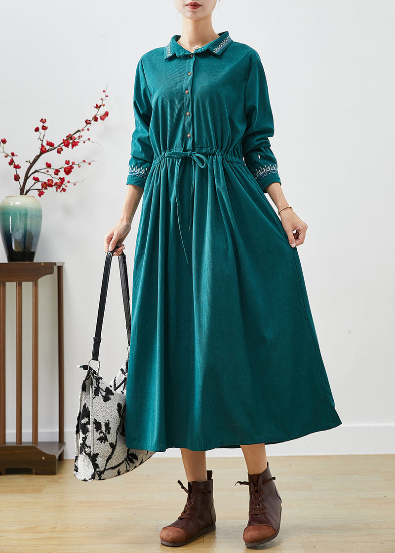 Blackish Green Embroideried Corduroy Cinched Dresses Fall