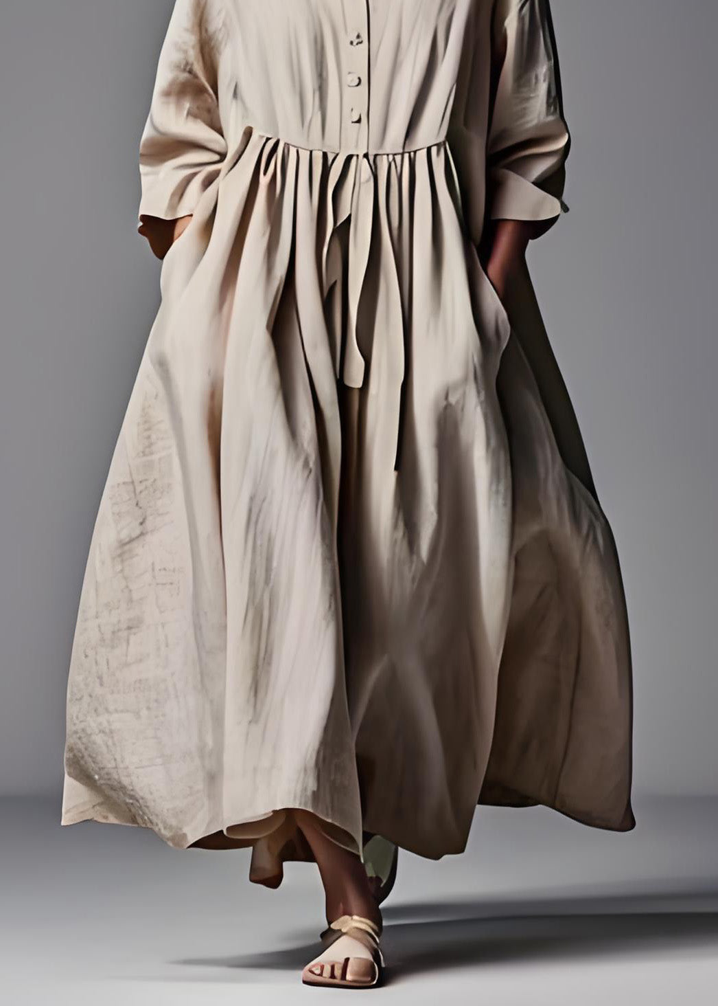 Beige V Neck Wrinkled Patchwork Cotton Dresses Long Sleeve