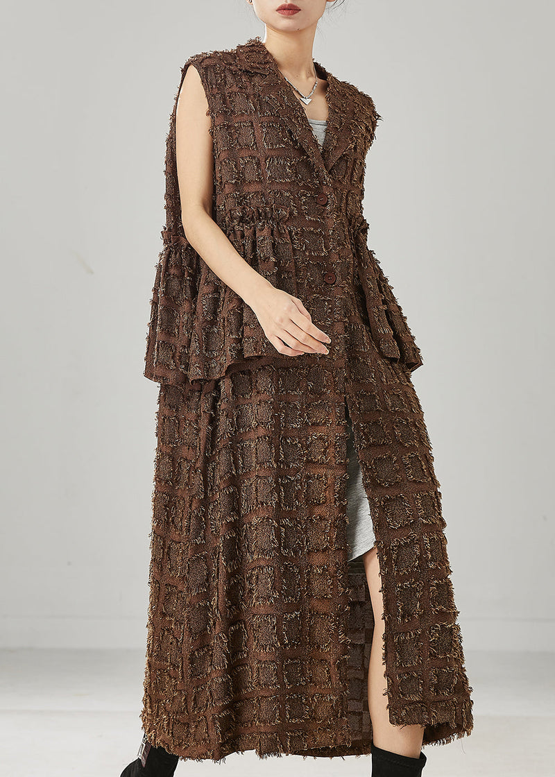 Brown Ruffled Cotton Long Vests Spring