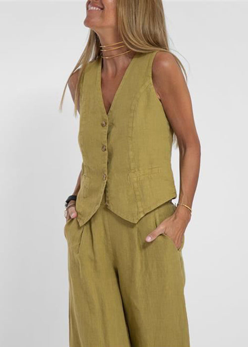 Olive Green Pockets Linen Two Pieces Set V Neck Summer