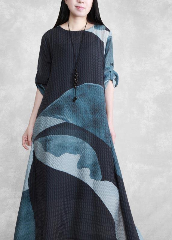 French Blue Print Quilting Clothes V Neck Asymmetric Spring Dress