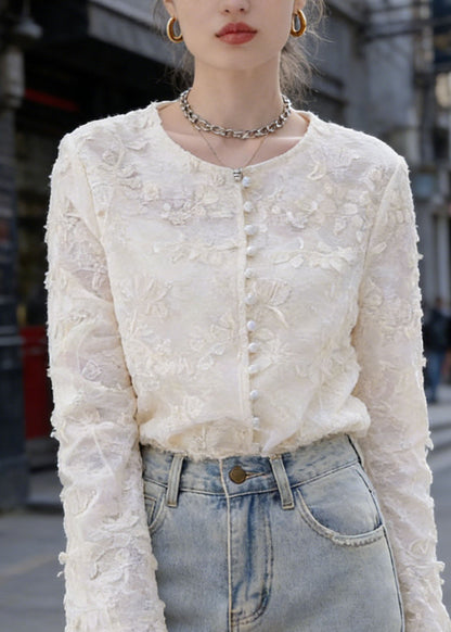 French Apricot O Neck Embroidered Lace Top Spring