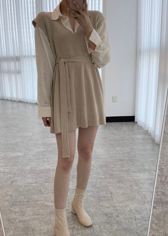 Apricot V Neck Cinched Knit Vest Sleeveless