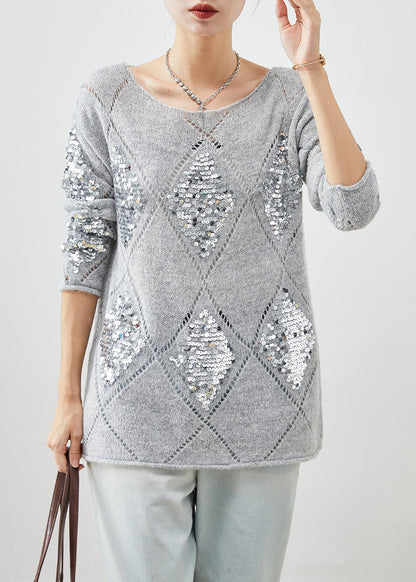 Grey Sequins Warm Knit Short Sweater Winter