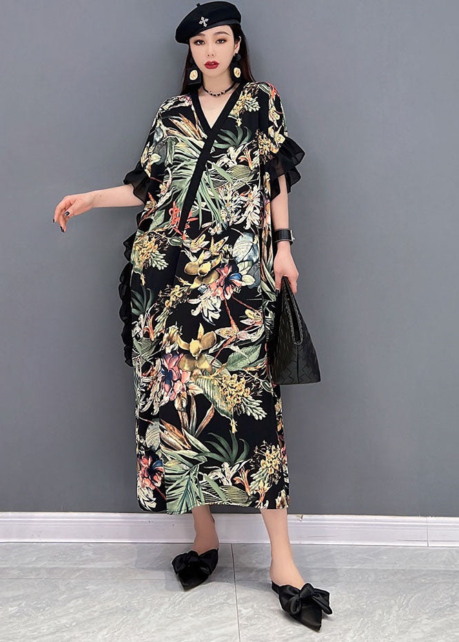 Green Print Ruffled Patchwork Chiffon Long Dress Short Sleeve
