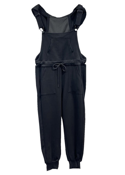 Black Pockets Drawstring Patchwork Cotton Overalls Jumpsuit Fall