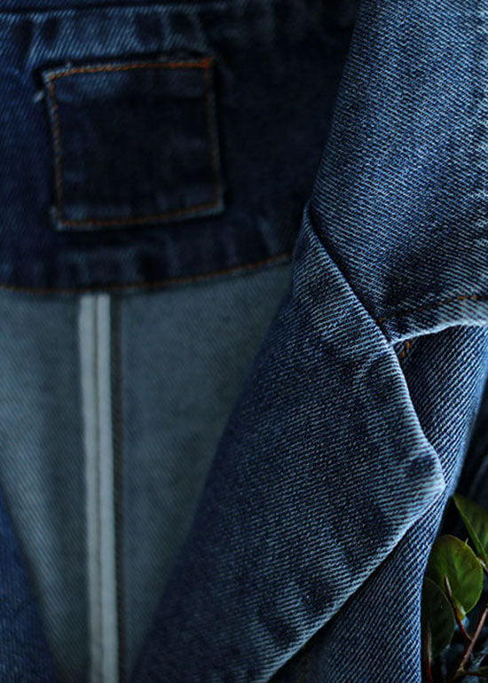 Blue Button Pockets V Neck Denim Coats Long Sleeve