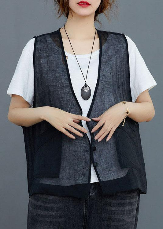 Black Linen Cardigan Vest Large Summer