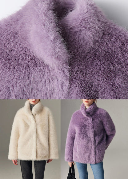 Purple Stand Collar Leather and Fur Coats Winter
