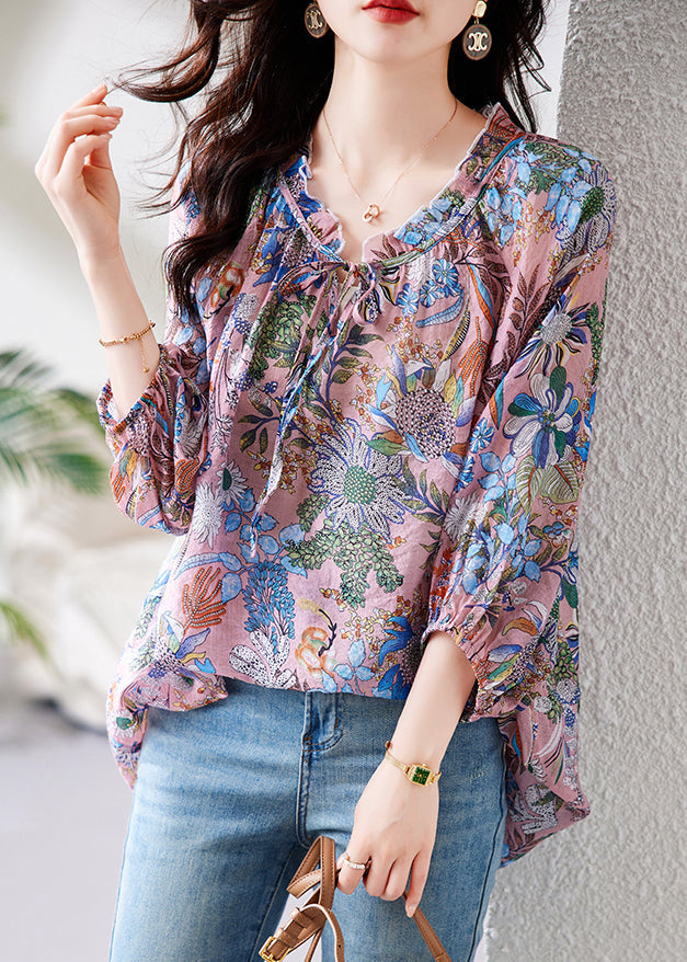 Purple Ruffled Print Lace Up Cotton Shirt Tops Fall