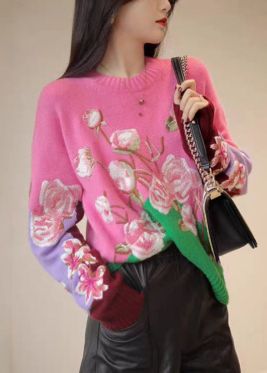 Apricot O-neck Embroideried Patchwork Woolen Top Fall