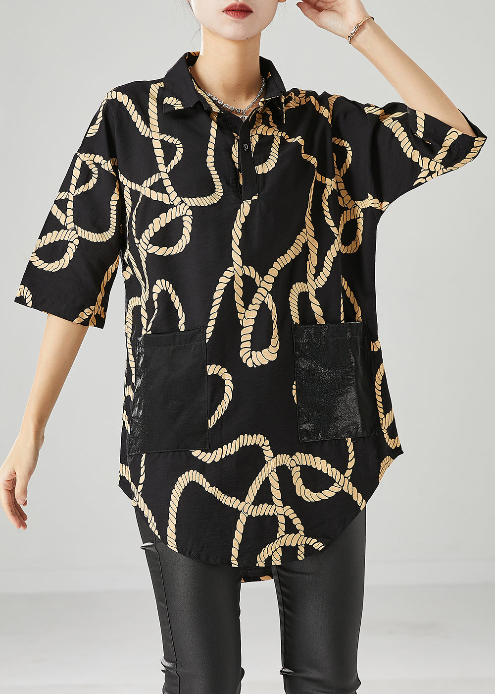 Black Print Pockets Cotton Shirts Half Sleeve