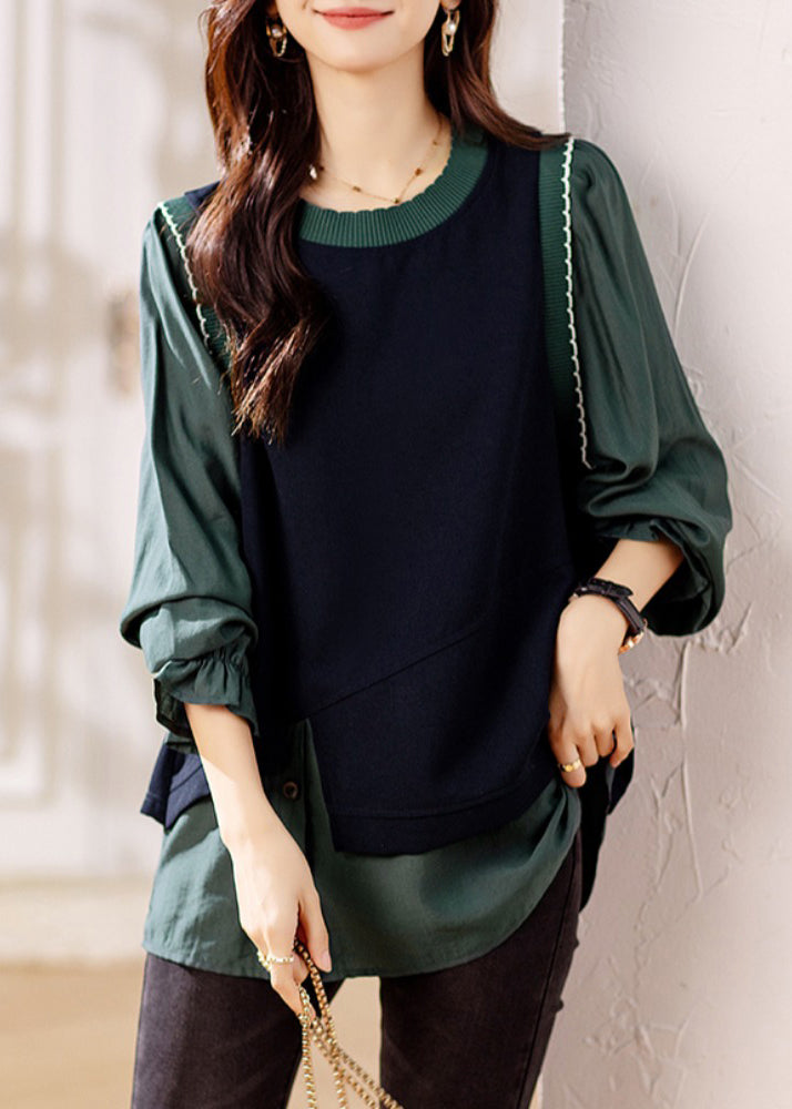 Green Ruffled Knit Patchwork False Two Pieces Top Fall