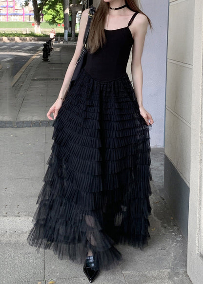 New Black Wrinkled Tulle Spaghetti Strap Dress Sleeveless