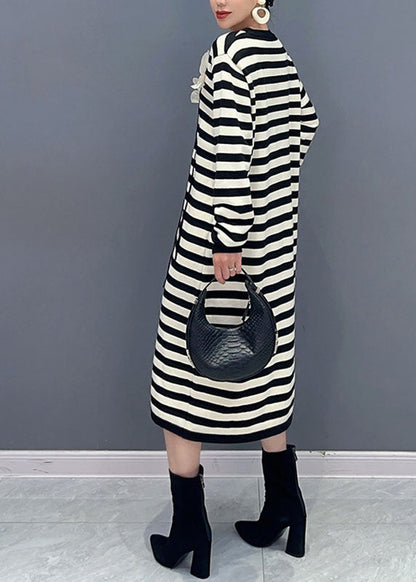 French Striped O-neck Side Open Holiday Long Dress Long Sleeve