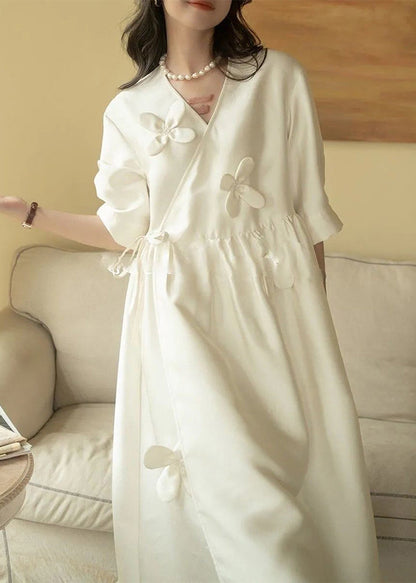 White V Neck Lace Up Cotton Long Dress Summer