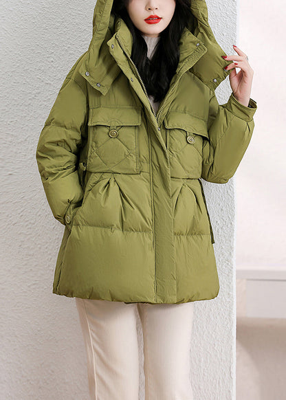 Green Hooded Pockets Patchwork Duck Down Down Coat Winter