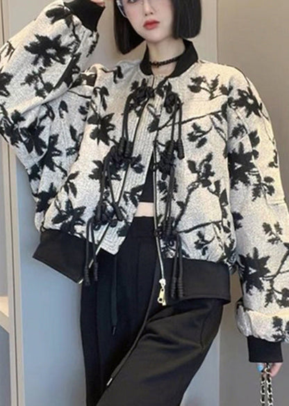French O-neck Zippered Print Coats Long Sleeve