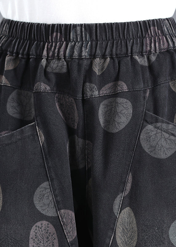 Black Print Pockets Elastic Waist Lantern Denim Pants Fall