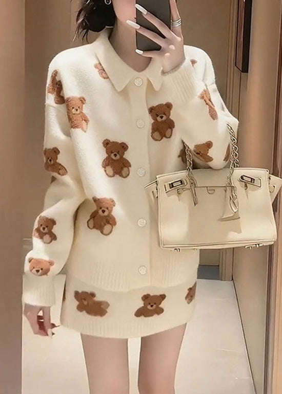Winter White Cartoon Jacquard Knitted Sweater and Skirt Set