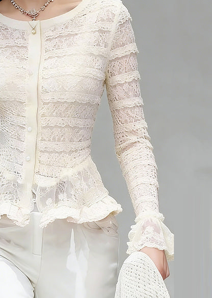 White O-neck Ruffled Patchwork Lace Tops Flare Sleeve