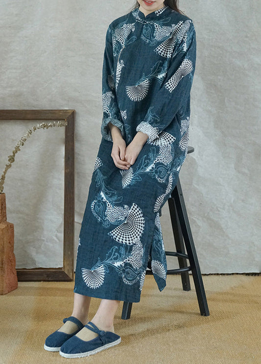 Blue Mandarin Collar Side Open Print Linen Long Dress Long Sleeve
