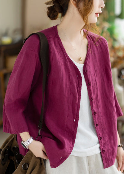 New Coffee V Neck Button Linen Cardigan Bracelet Sleeve