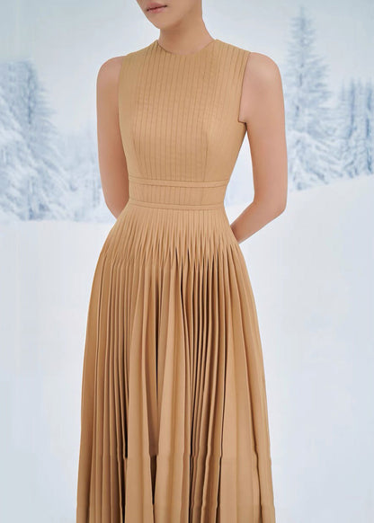 Simple Coffee Zippered Wrinkled Cotton Dress Sleeveless