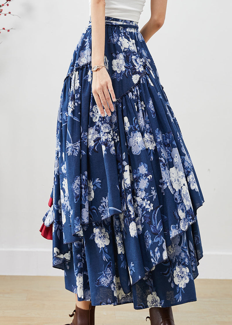 Blue Cotton Skirts Asymmetrical Exra Large Hem Fall