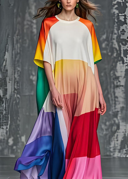 Colorblock O Neck Silk Dresses Summer